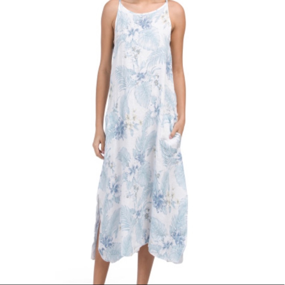 Lungo L’arno 100% Linen Sleeveless Midi Dress Floral A-Line Pockets M